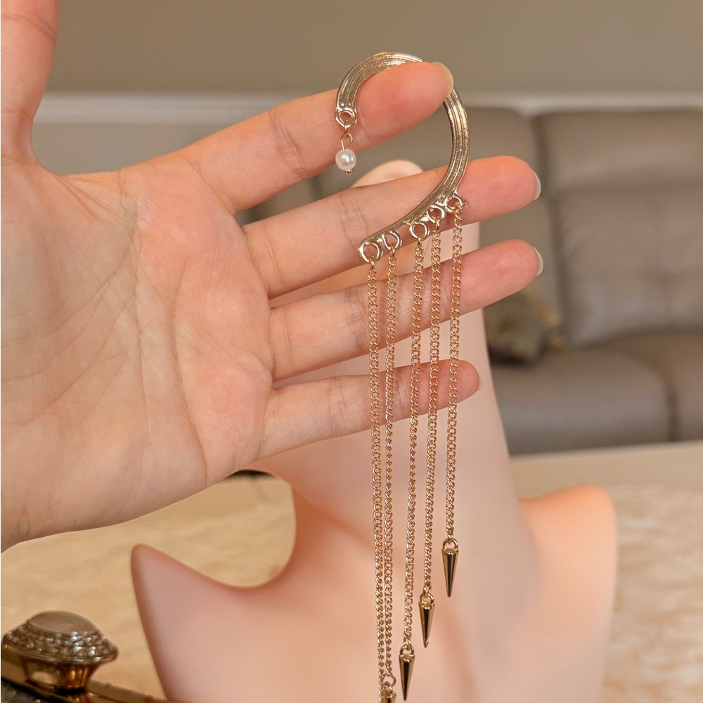 Gold Long Chain Drop Earring - Picture 8 of 12